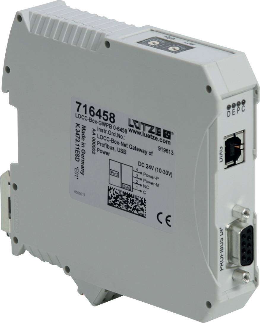 Grauer Lütze-Industrie-Netzwerk-Gateway-Modul mit Etikett, Status-LEDs, Ethernet-Port und Seriell-Anschluss.