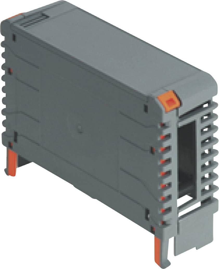 Graues rechteckiges elektronisches Steckmodul mit orangefarbenen Verriegelungslaschen und belüfteten Seitenschlitzen, dargestellt auf weißem Hintergrund.