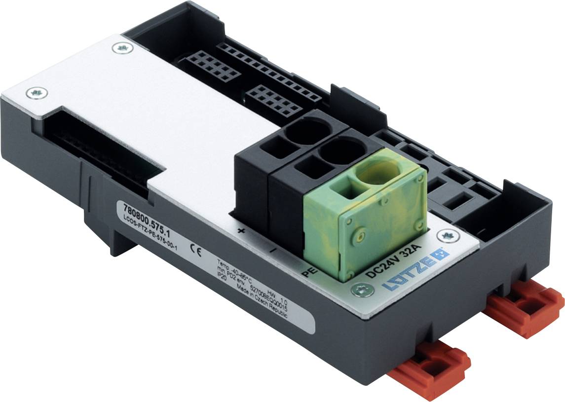Nahaufnahme eines industriellen Elektroklemmenblockmoduls mit Metallabdeckung, schwarzem Gehäuse, grün/gelbem Erdungsanschluss und roten Befestigungsclips.