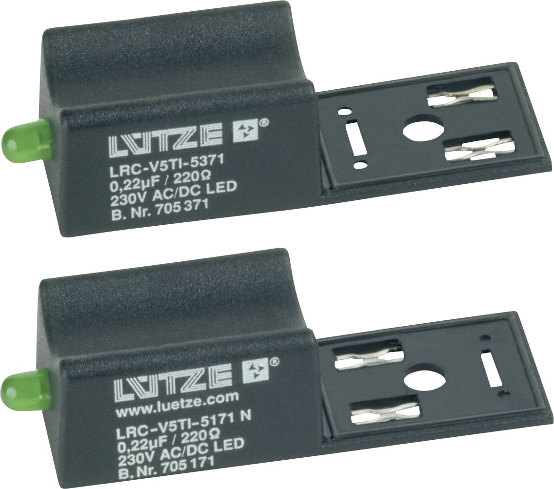 Zwei schwarze LUTE-Elektronikmodule mit grünen LED-Enden und Montageklammern, gekennzeichnet mit „LRC-V5T-5171