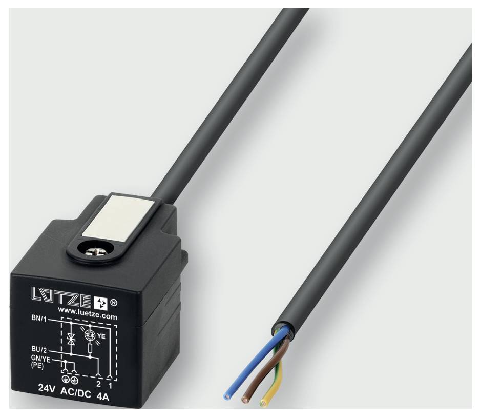 Schwarzes Elektrosensormodul mit zwei angebrachten Kabeln, wobei ein Ende freiliegende blaue, braune und grün-gelbe Drähte zeigt.