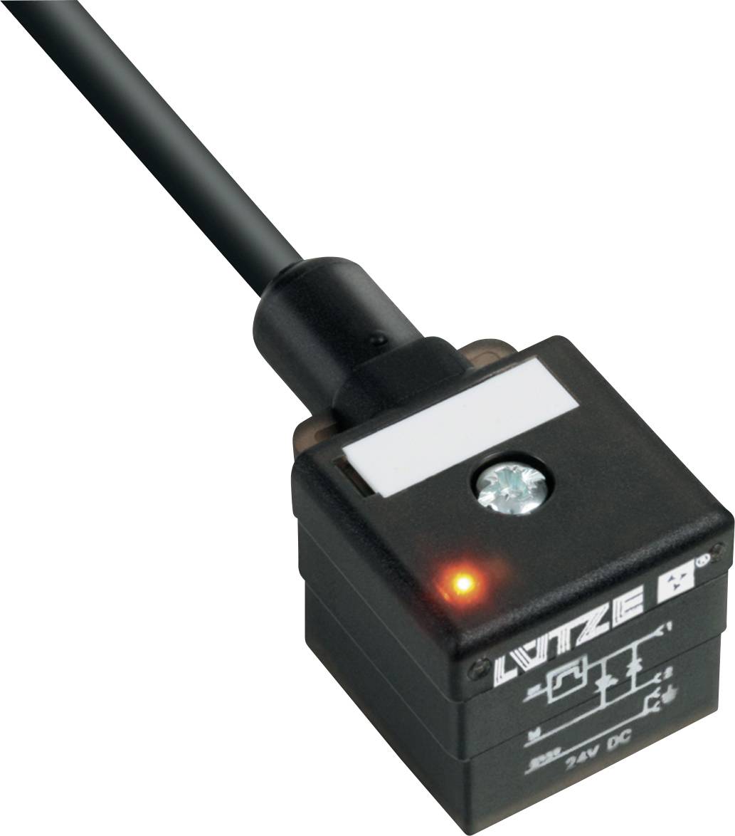 Nahaufnahme eines schwarzen elektrischen Sensors oder Schalters mit einem Kabel, einer leuchtenden roten Kontrollleuchte und einer kleinen transparenten Linse oben.