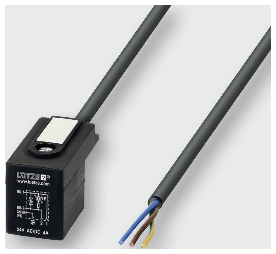 Schwarzer rechteckiger Lütze-Elektroschalter oder -sensor mit zwei angeschlossenen Kabeln, dargestellt neben dem abisolierten dreiaderigen Ende eines grauen Kabels.