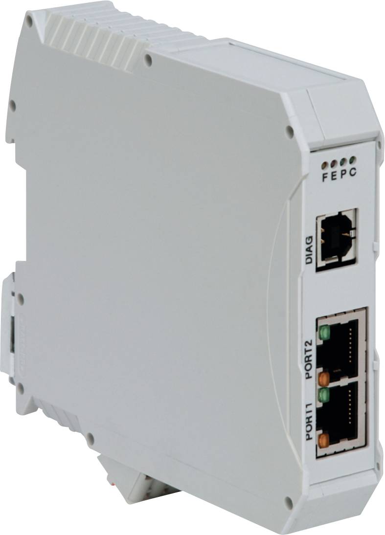 Graues industrielles elektronisches Modul mit zwei Ethernet-ähnlichen Anschlüssen mit den Bezeichnungen DIAG, PORT2 und PORT1 sowie Anzeigelichtern auf der Vorderseite.