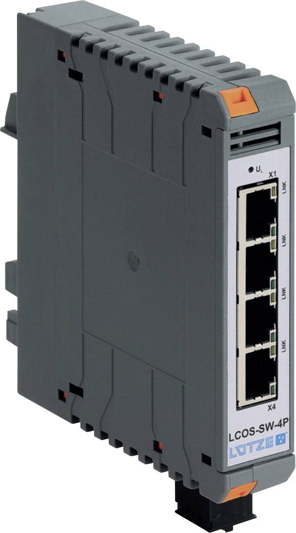 Industrielles Ethernet-Schaltermodul mit vier RJ45-Anschlüssen, gekennzeichnet mit „x1