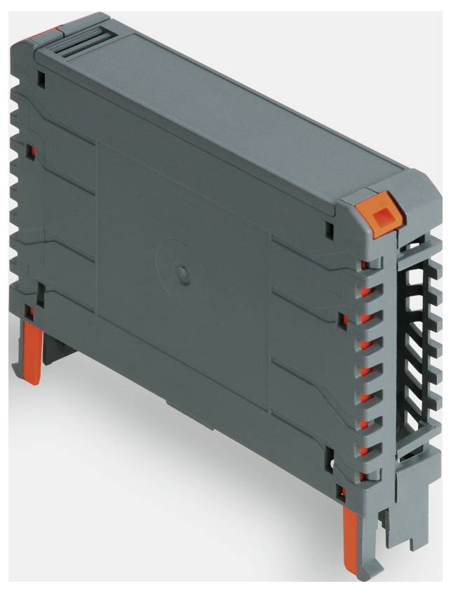 Grauer modularer industrieller elektronischer Komponente mit orangefarbenen Verriegelungslaschen, gezeigt in Dreiviertelperspektive auf weißem Hintergrund.