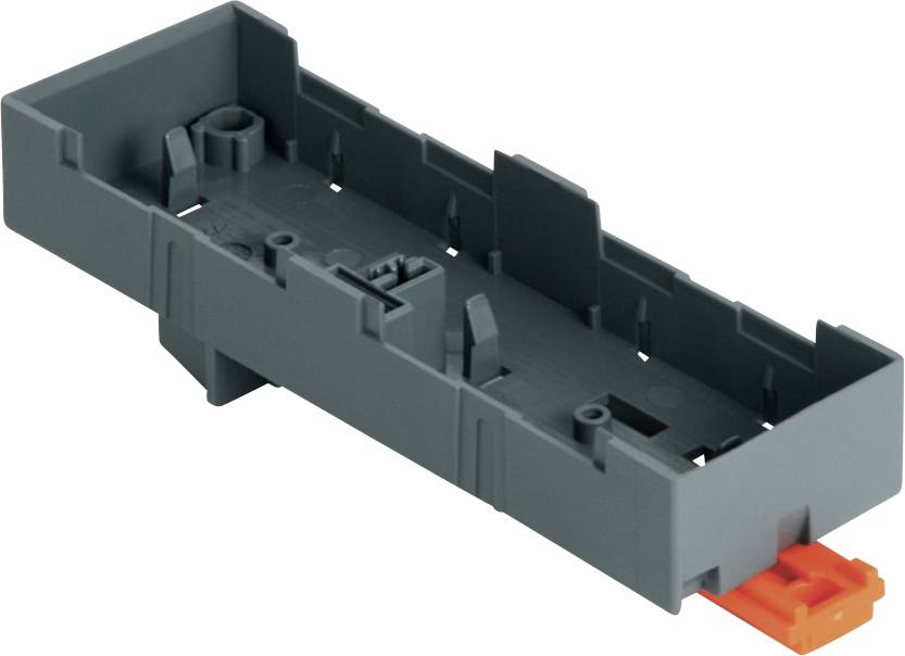 Graues Kunststoffgehäuse aus perspektivischer Ansicht mit einem orangefarbenen Stecker oder Verriegelungsmechanismus, der von einem Ende hervorsteht.