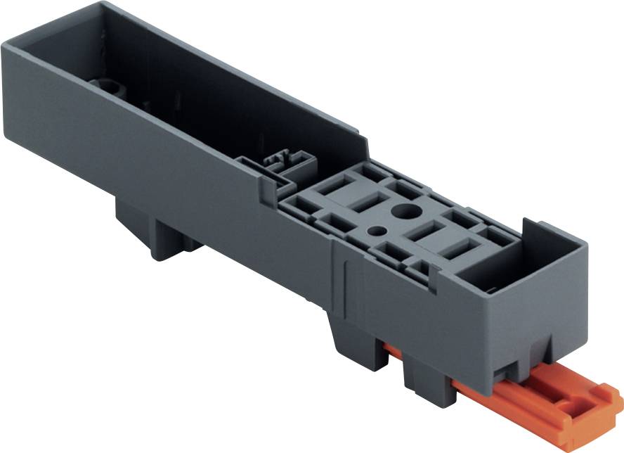 Schwarzes Kunststoffgehäuse für elektronische Verbinder mit orangefarbiger Terminaleinlage, die an einem Ende herausragt, auf weißem Hintergrund dargestellt.