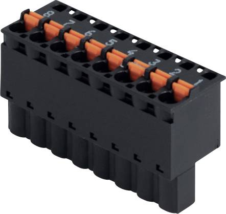 Schwarzer Elektro-Anschlussklemmblock mit sechs orangefarbenen Hebelbefestigungen zum Verdrahten.