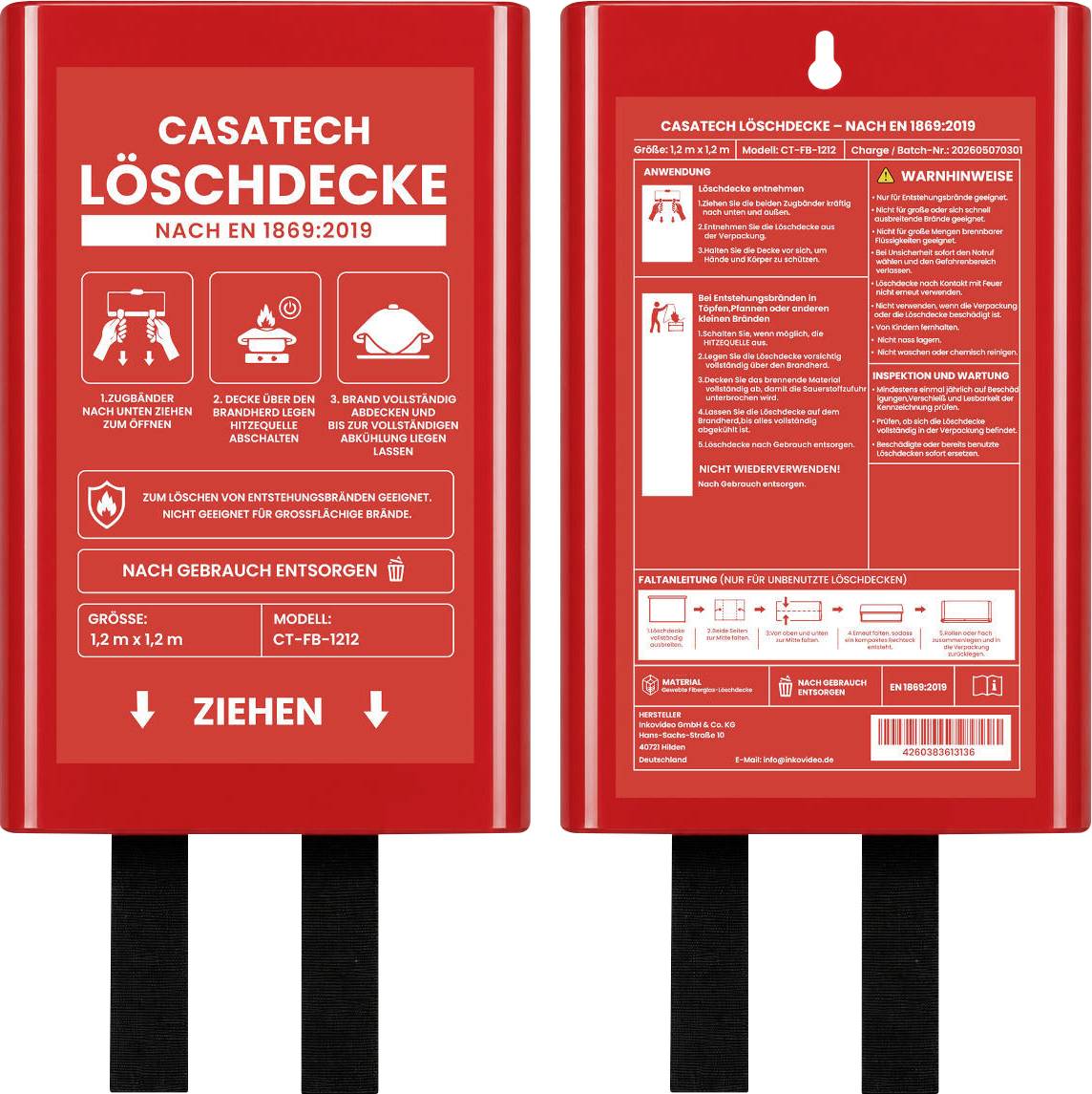 Behälter für rote CASATECH-Brandschutzdecke, von vorne und von hinten gezeigt, mit deutschen Anweisungen, Warnhinweisen, Größen- und Modellangaben sowie einer Beschriftung mit der Aktion 