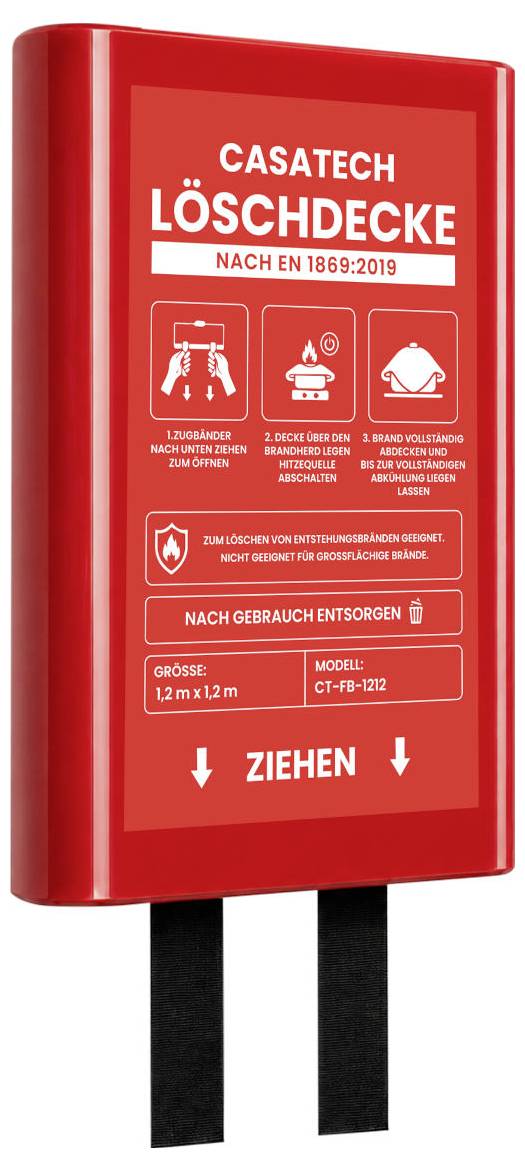 Rote CASATECH 'LÖSCHDECKE' Löschdecke in einem Gehäuse mit Anweisungen und Sicherheitssymbolen, montiert auf zwei schwarzen Pfosten; zum Entfernen herunterziehen.
