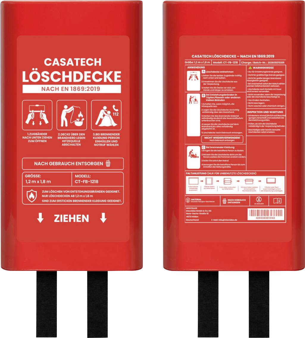 Roter Feuersicherheitsblankett-Behälter mit der Aufschrift „CASATECH LÖSCHDECKE