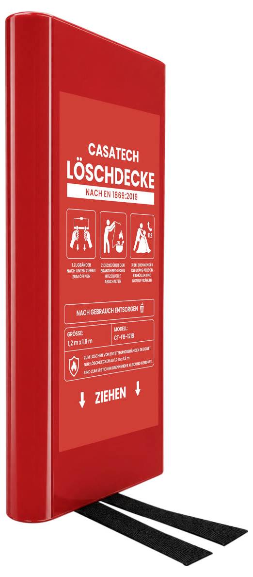 Roter Feuerdeckenbehälter mit Aufschrift "CASATECH LÖSCHDECKE" mit zwei schwarzen Zuglasche für den Notfalleinsatz.