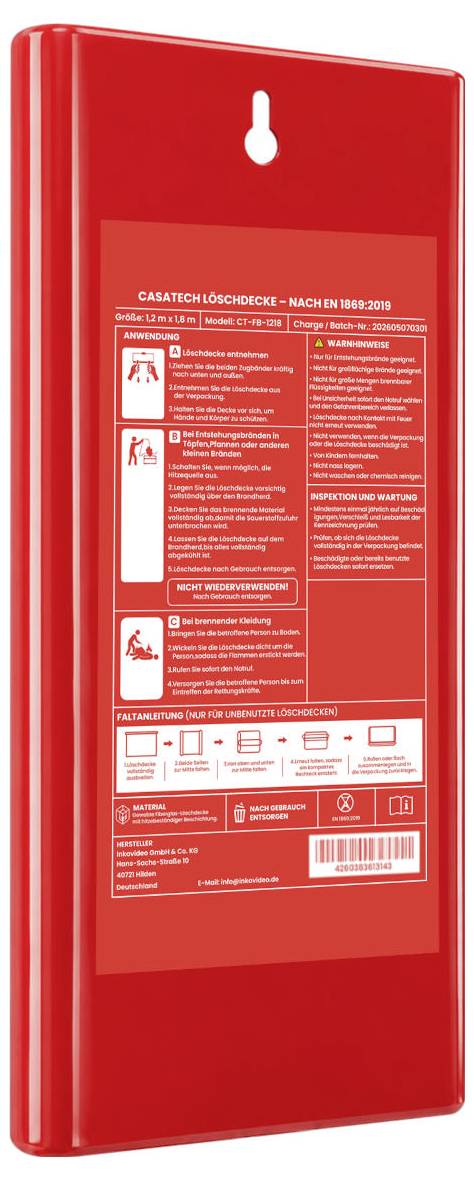 Rote, an der Wand montierte Brandschutzbox mit der Bezeichnung "CASSA IDRANTE/IDRANTE" mit Notfallanweisungen und Inspektionsdetails auf der Vorderseite.