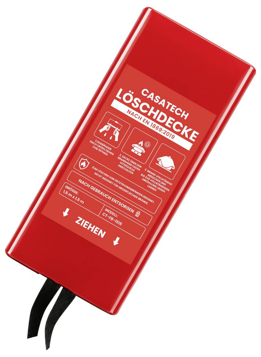 Rote CASATECH-Notfall-Augendüsche mit Zug-Laschen, gekennzeichnet mit „LÖSCHDECKE" und „ZIEHEN".