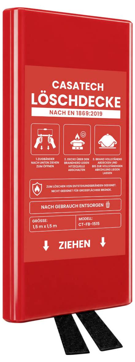 Rotes Casatech 'Löschdecke' Feuerlöschdecken-Paket mit Anleitung und Symbolen, das schwarze Zuglaschen am unteren Ende zur Verwendung zeigt.
