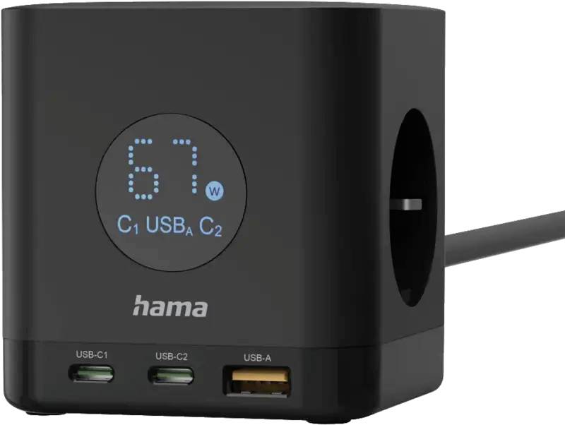 Schwarzer Hama USB-Ladehub mit 67W Stromausgabe und drei Anschlüssen: zwei USB-C und ein USB-A.