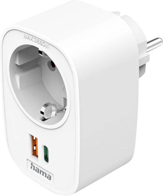 Weißer Stecker-Netzadapter mit europäischer Steckdose und zwei USB-Ladeanschlüssen, Marke 'hama'.