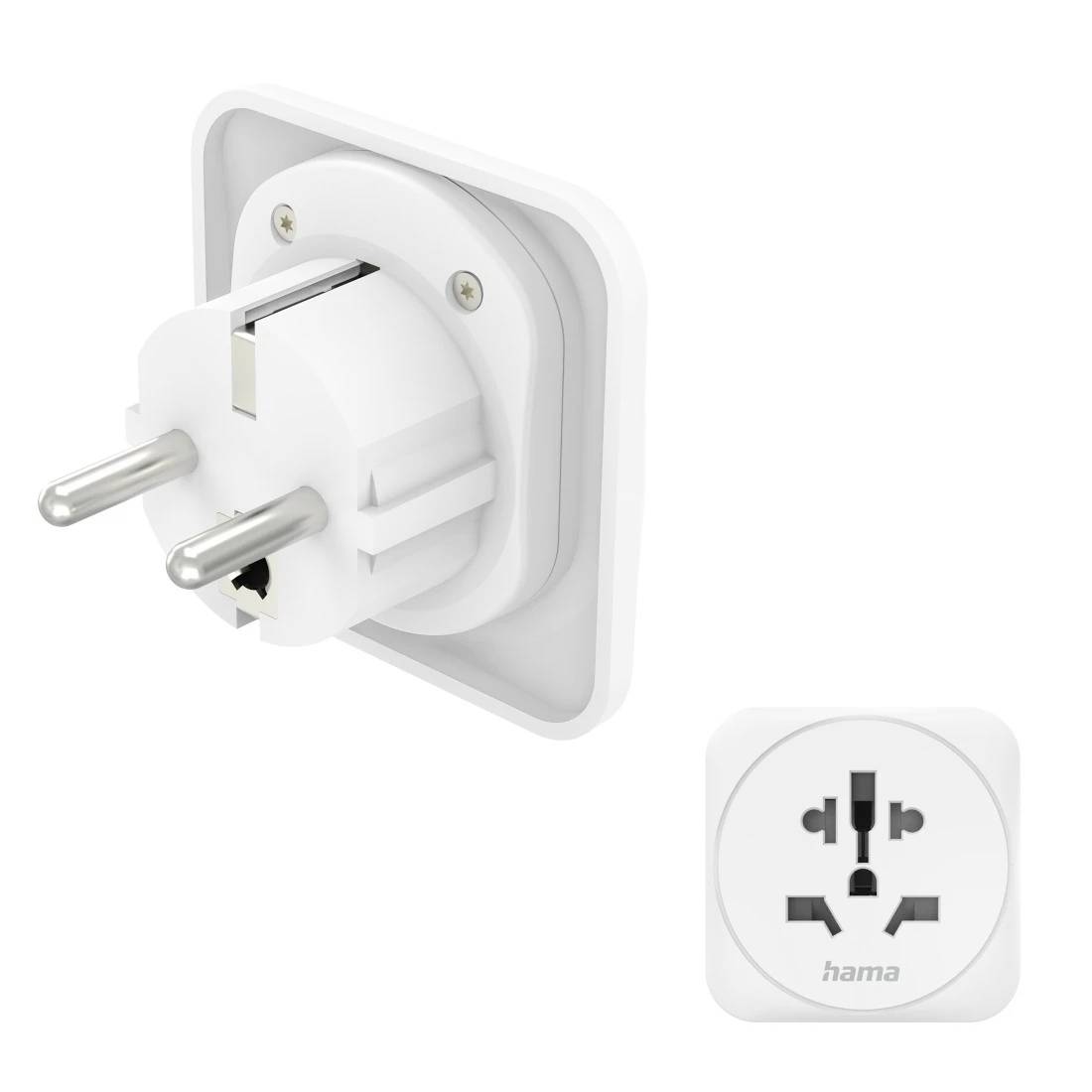 Europäischer weißer Steckdosenadapter mit zwei runden Stiften und einem universellen Steckdosensymbol mit der Bezeichnung 'hama'