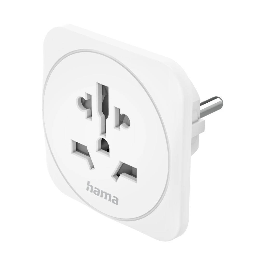 Weißer universeller Reisestecker-Adapter mit "hama"-Logo und europäischem Zweipolstecker auf neutralem Hintergrund.