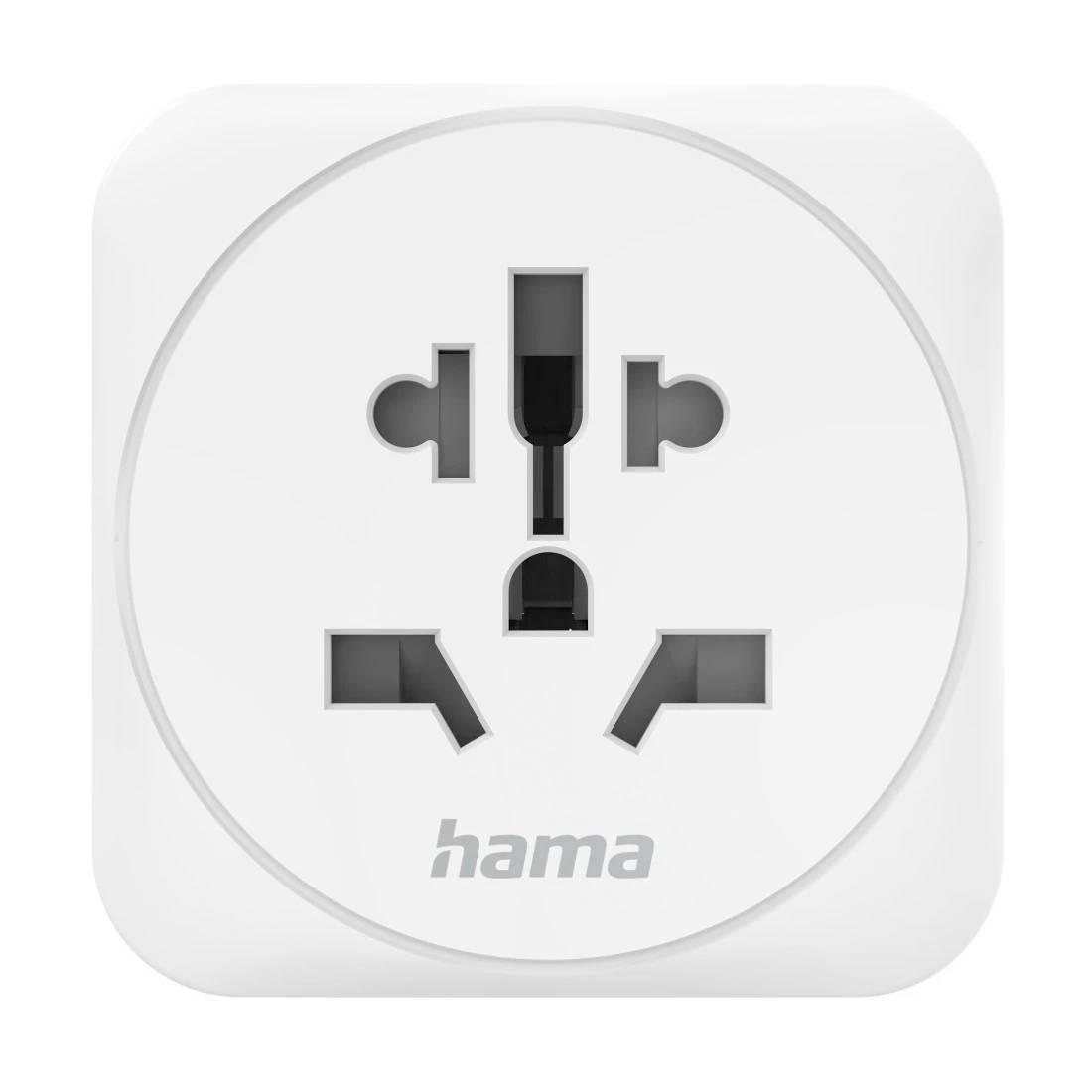 Nahaufnahme eines weißen Universal-Steckdosenadapters von Hama mit mehreren Steckdöffnungen auf einer quadratischen Frontplatte.