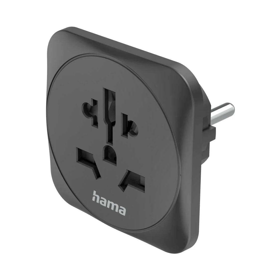 Schwarzer Hama Universal-Reiseadapter mit rundem Vorderstecker und zwei Stiften auf der Rückseite, gezeigt auf weißem Hintergrund.