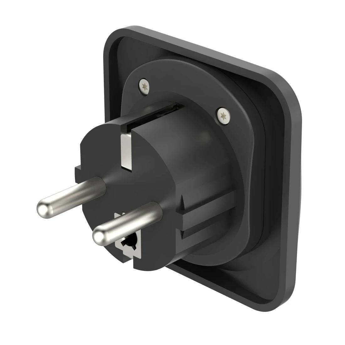 Schwarzer europäischer Stromstecker mit zwei runden Stiften und einer Erdungsöffnung auf einer quadratischen Blende, in 3D auf weißem Hintergrund dargestellt