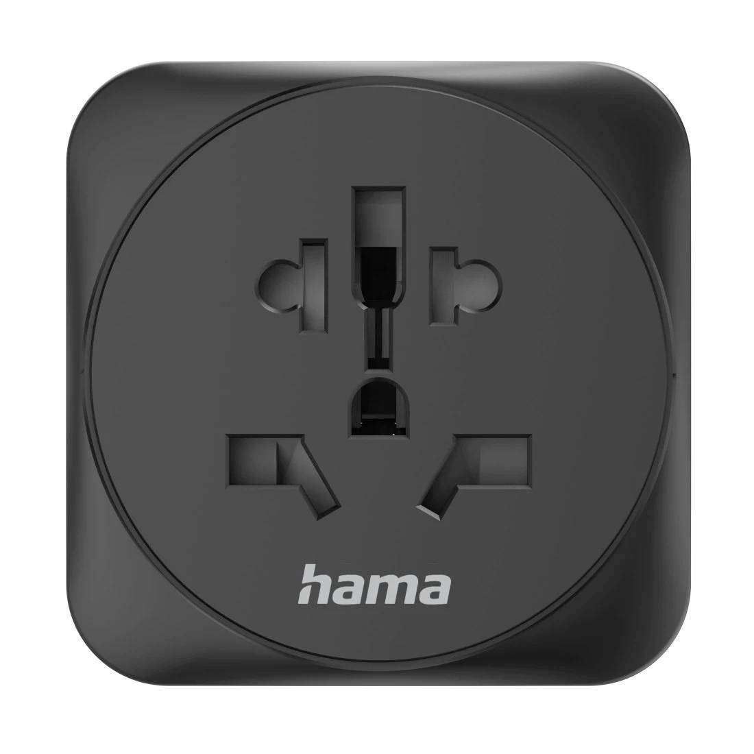 Schwarzer Hama Universal-Reiseadapter mit rundem Gehäuse und mehreren Steckdosenöffnungen.