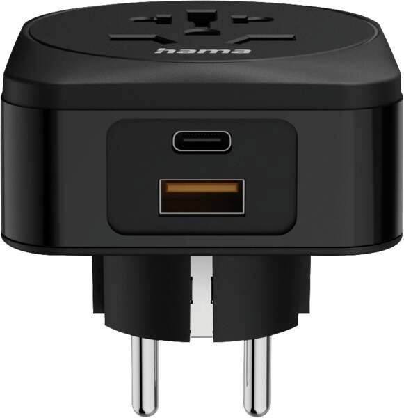 Schwarzer Hama-Reisestecker-Adapter mit USB-C und USB-A-Ladeanschlüssen und zweipoliger Steckdose