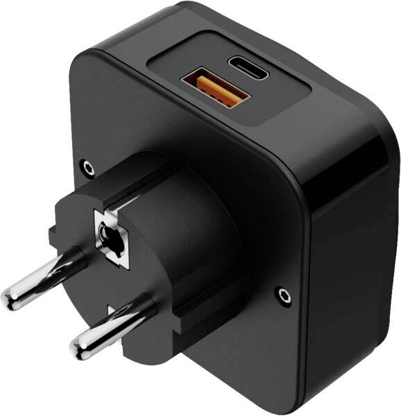 Schwarzes Wandladegerät mit europäischem Stecker, ein USB-C-Anschluss und ein USB-A-Anschluss oben.