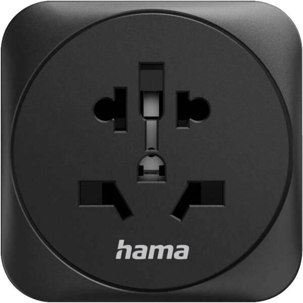 Schwarzer Hama Universal-Steckdosenadapter mit mehreren Stecköffnungen auf einer quadratischen Steckerfläche.