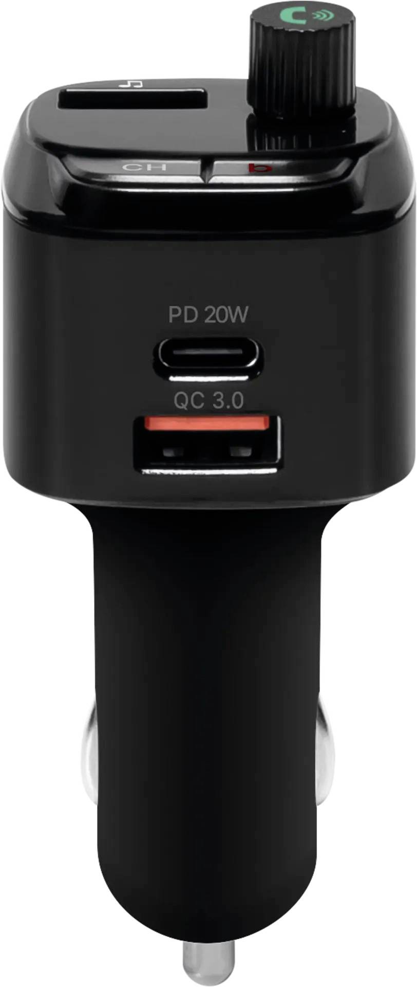 Schwarzer Autoladegerät-Adapter mit zwei USB-Anschlüssen mit den Beschriftungen „PD 20W
