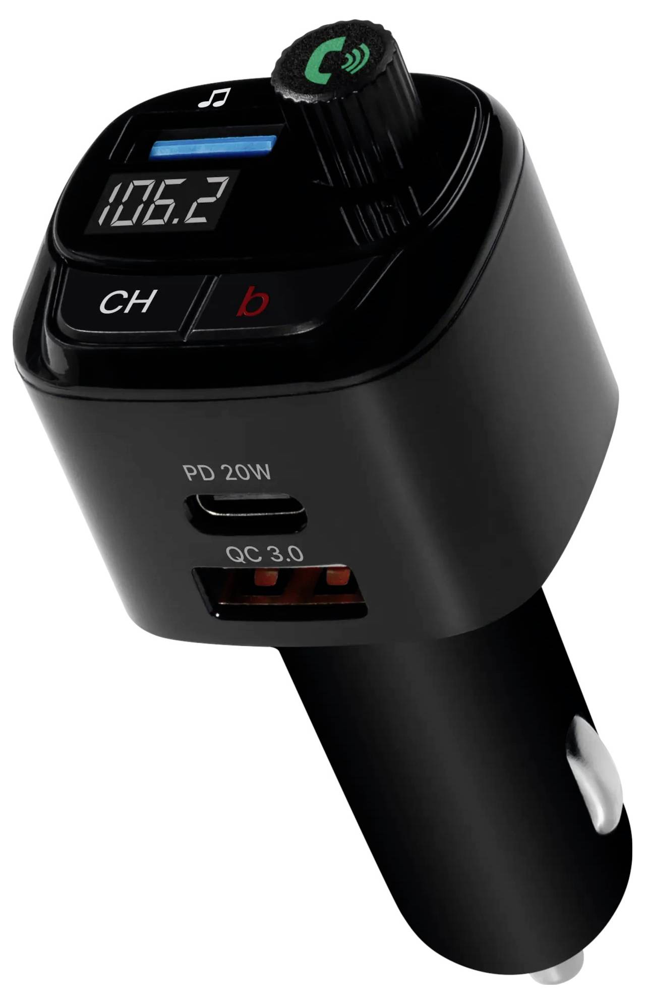 Schwarzer Auto-FM-Transmitter und Ladegerät mit digitaler 106.2-Anzeige, Anruf- und Kanalsteuerung sowie USB-C PD 20W- und QC3.0-Ladeanschlüssen.