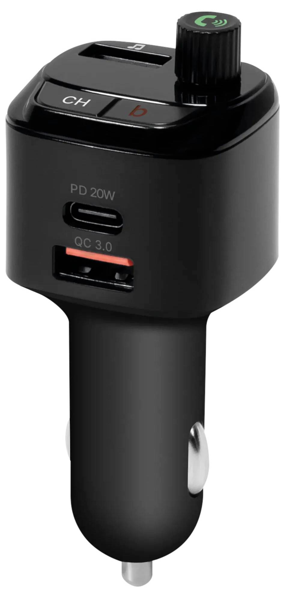 Schwarzes Auto-Bluetooth-FM-Transmitter und Ladegerät mit USB- und QC-3.0-Anschlüssen, Drehknopf und 3,5-mm-Audiobuchse für Automusik und Anrufe