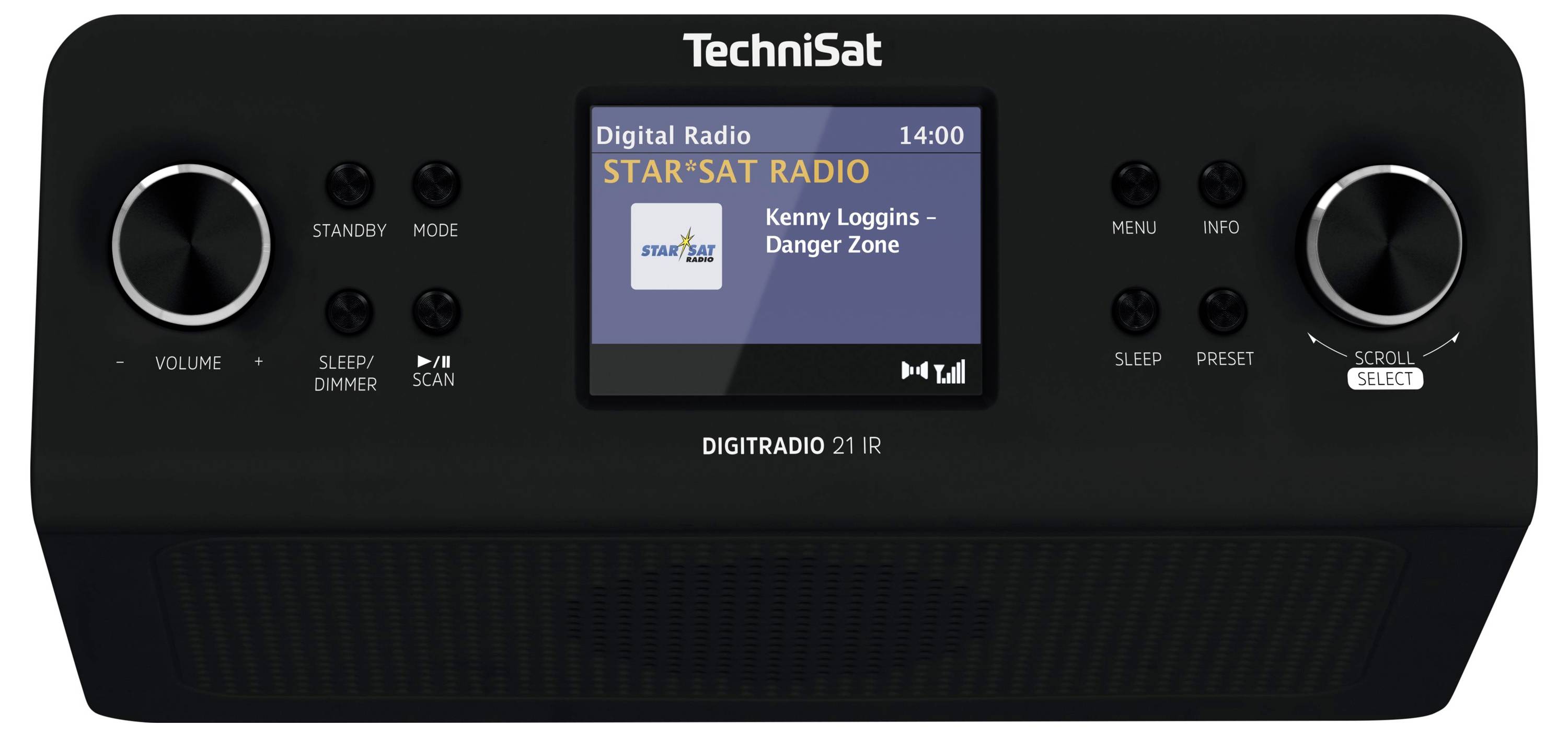 Frontansicht eines TechniSat DAB-Radios mit Display, das 'Digital Radio', den Sender 'STAR SAT RADIO' und den Song 'Kenny Loggins - Danger Zone' um 14:00 Uhr anzeigt.