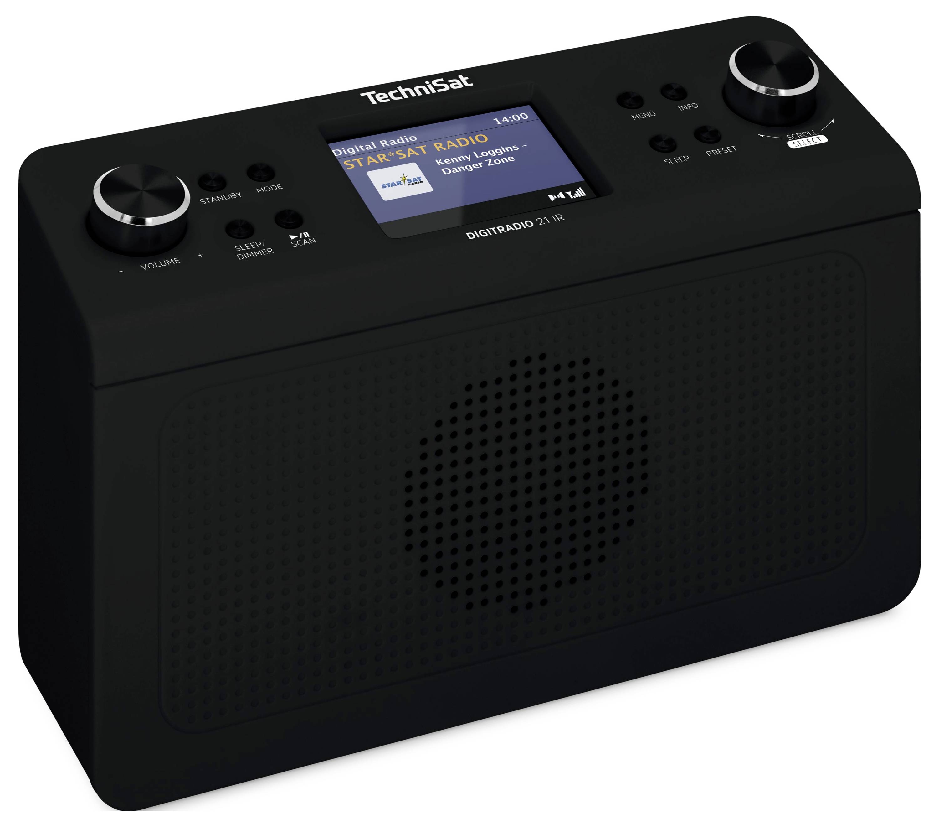 Schwarzes TechniSat Digitalradio mit Display, zwei Drehknöpfen und Lautsprechergitter.