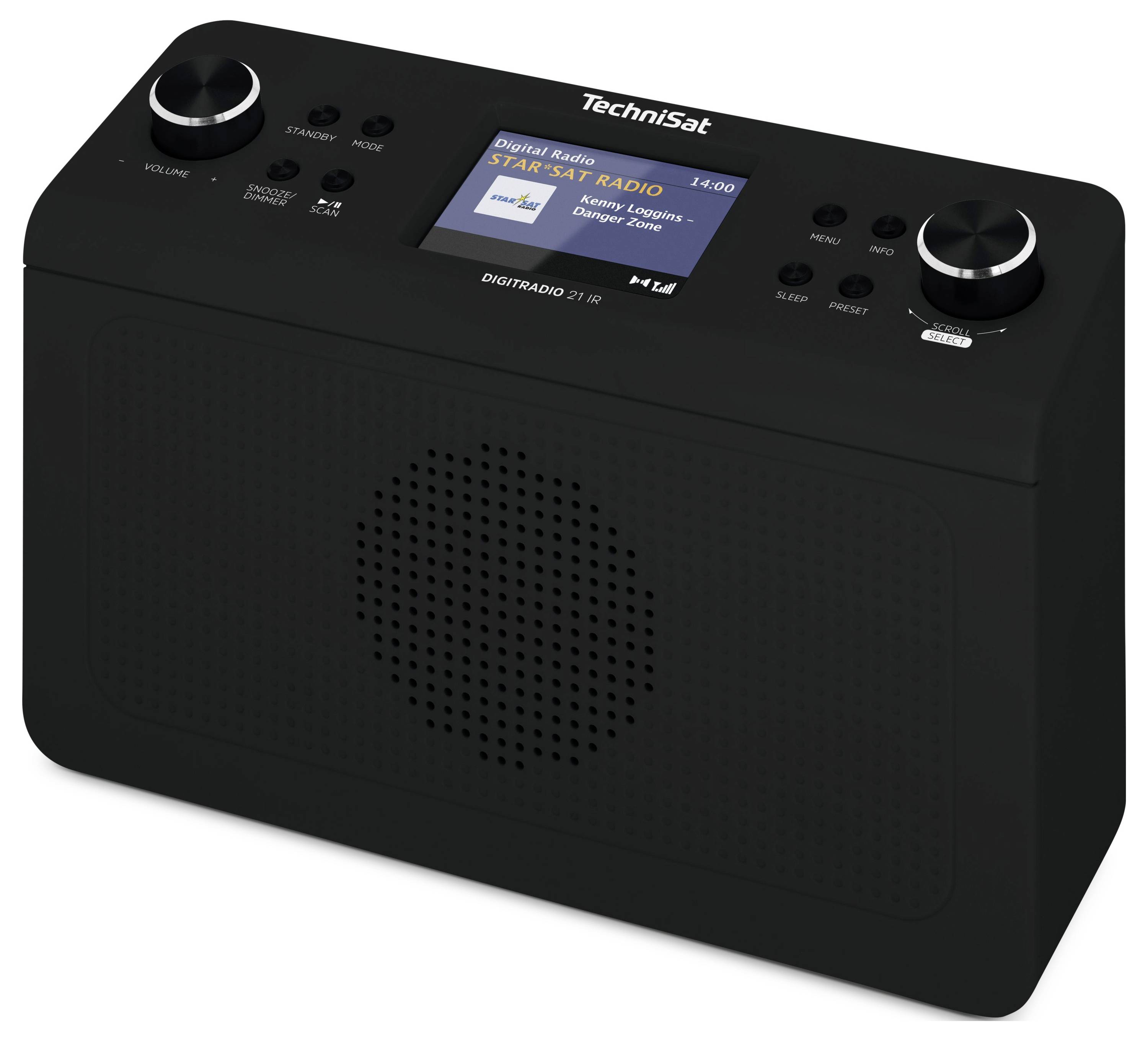 Schwarzes TechniSat Digitalradio mit Display, Lautsprechergitter und zwei Drehreglern oben.