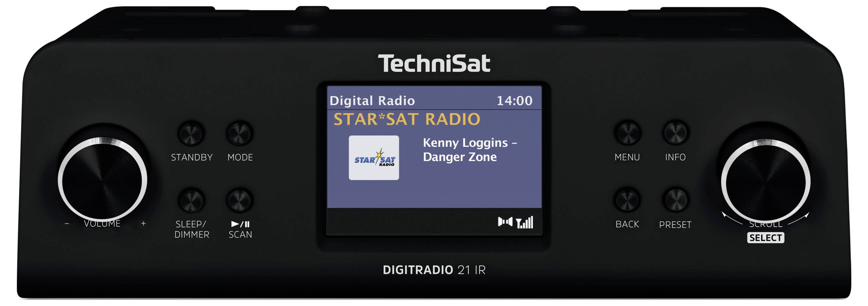 Vorderansicht eines TechniSat Digitalradios mit Display, das auf STAR SAT RADIO eingestellt ist und "Harry Loggins - Danger Zone" sowie die Uhrzeit 14:00 anzeigt.