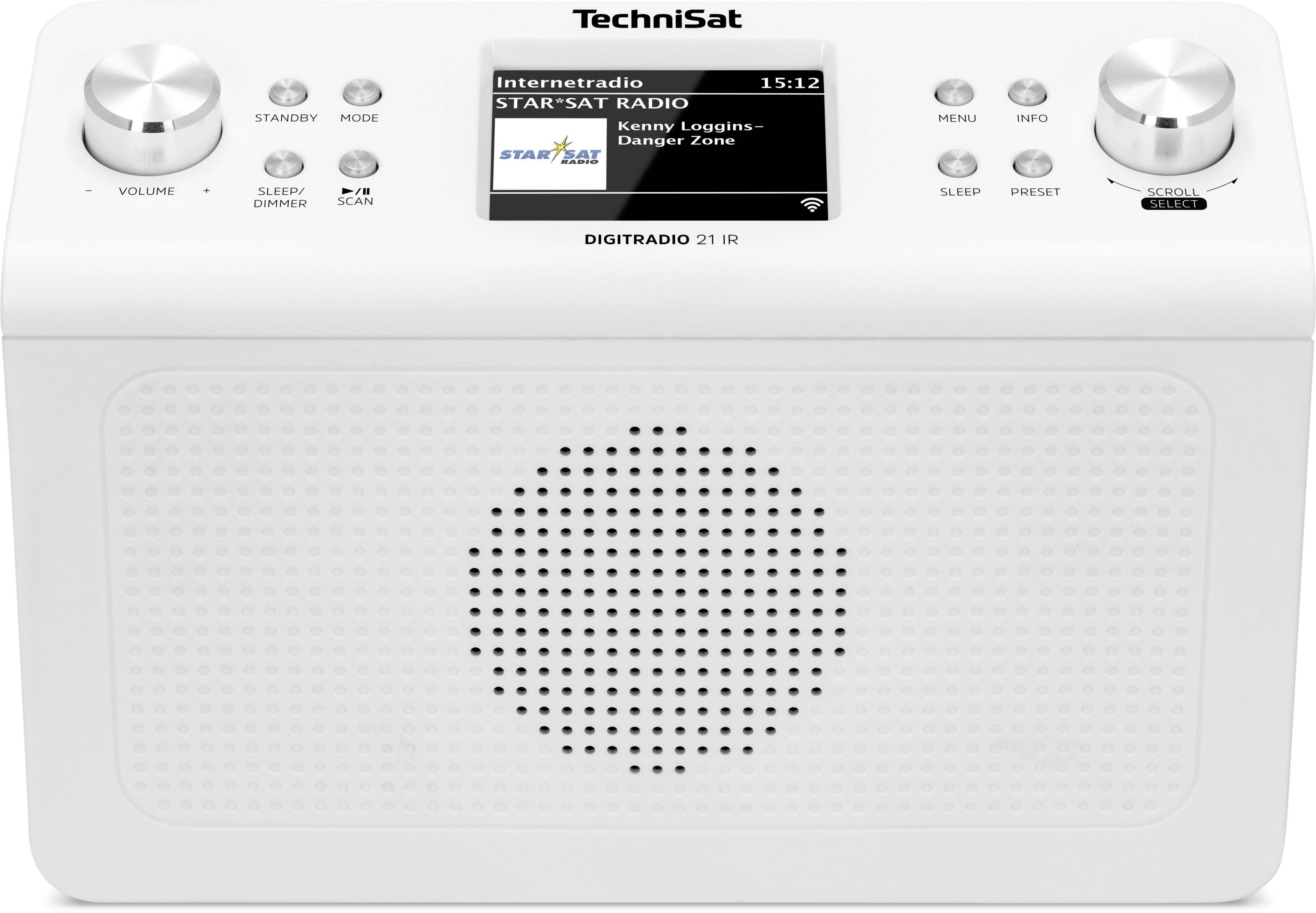 Weißes Technisat DIGITRADIO 21 IR Tischradio mit Lautsprechergitter, Display und zwei Bedienknöpfen.