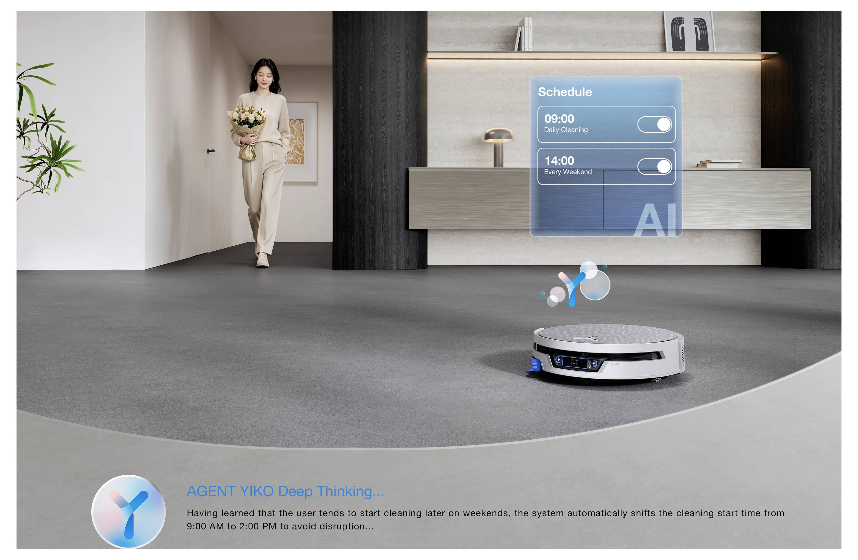 Roboterstaubsauger reinigt einen offenen Raum, während eine App-Oberfläche Reinigungszeiten plant und automatische Anpassungen zeigt, um Störungen zu vermeiden.