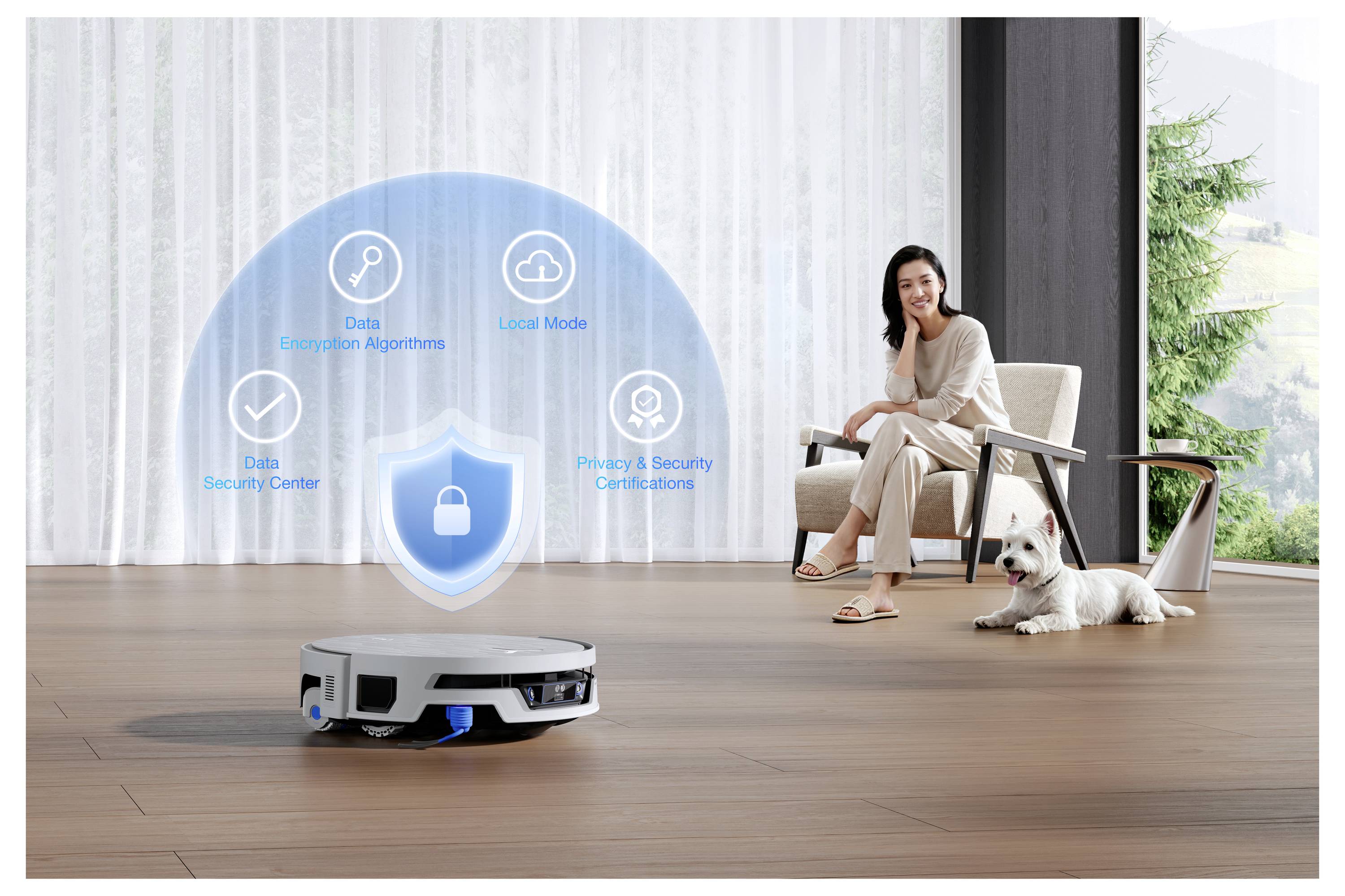 Roboterstaubsauger reinigt ein Wohnzimmer, während eine Frau in der Nähe sitzt; eine blaue Überlagerung hebt Datenverschlüsselung, lokalen Modus, Sicherheitszentrum und Datenschutz-/Sicherheitszertifizierungen hervor.