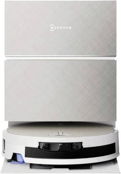 Weißer Ecovacs Saugroboter in der Ladestation untergebracht, mit sichtbaren Frontsensoren und Seitenbürste.