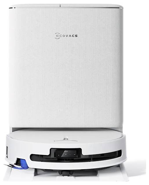 Vorderansicht eines weißen ECOVACS Saugroboters mit Ladestation und sichtbarem Reinigungskopf, dargestellt vor einem neutralen Hintergrund.