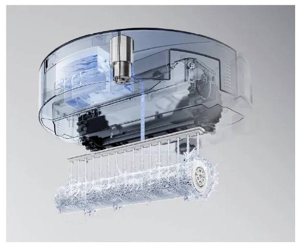 Durchsichtige zylindrische Staubsaugerbürste mit innerer Bürstenwalze und Staubkammer, in Schnittdarstellung zur Hervorhebung ihres Mechanismus.