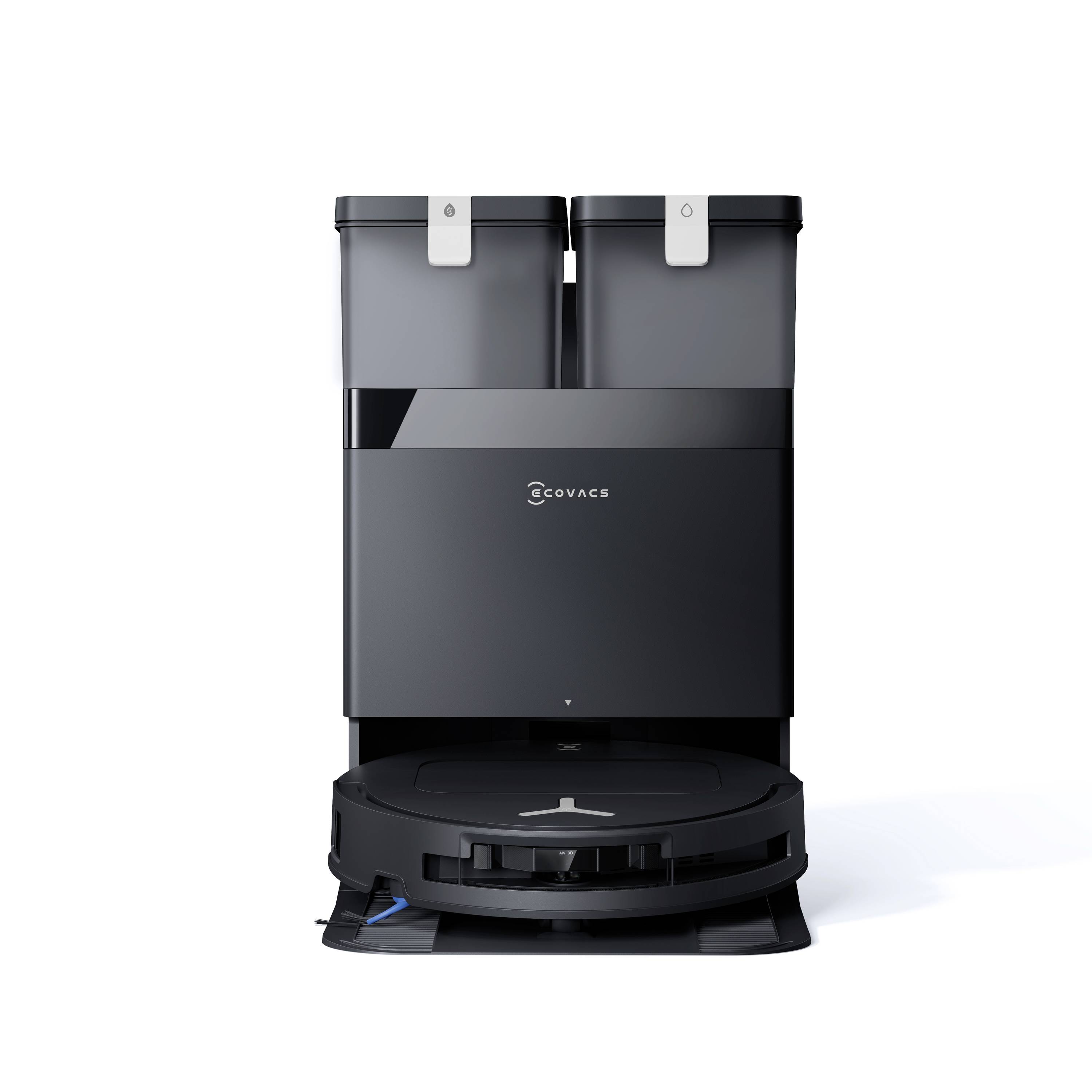Ecovacs Roboterstaubsauger mit selbstleerender Dockingstation und dualen Staubbehältern, frontal auf weißem Hintergrund dargestellt.