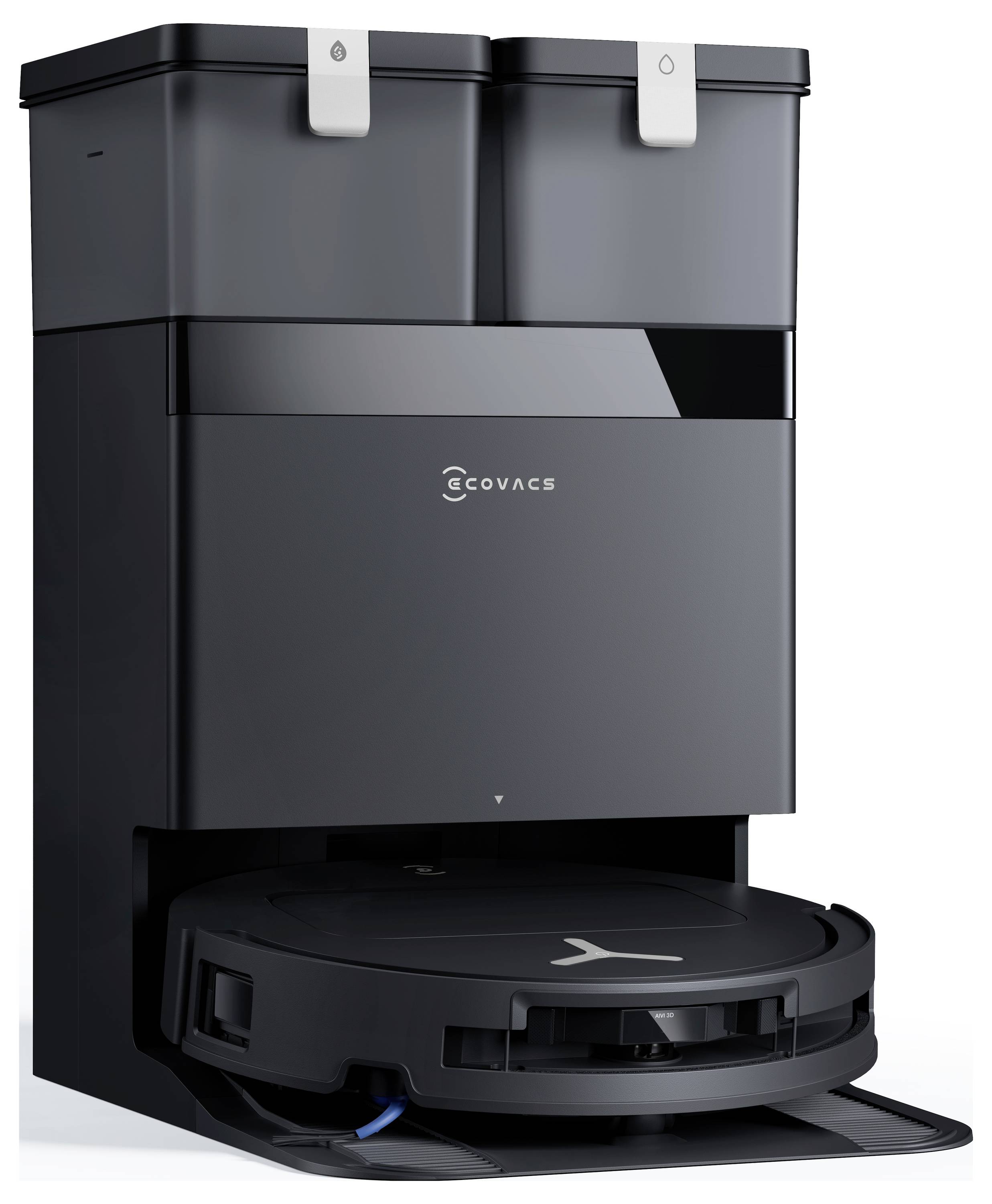 Ecovacs-Roboterstaubsauger in einer All-in-One-Basis angedockt mit dualen oberen Wassertanks und einem Ladefach.