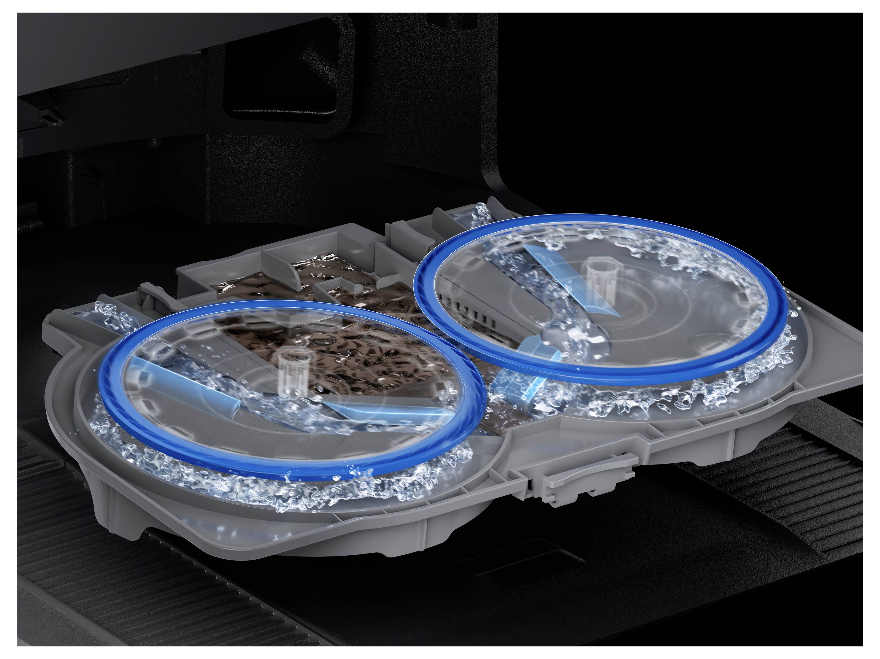 Zwei runde Petrischalen in einem Laborinstrument, von oben betrachtet, mit blau hervorgehobenen Rändern und sichtbarer Flüssigkeit sowie Probenmaterial im Inneren.