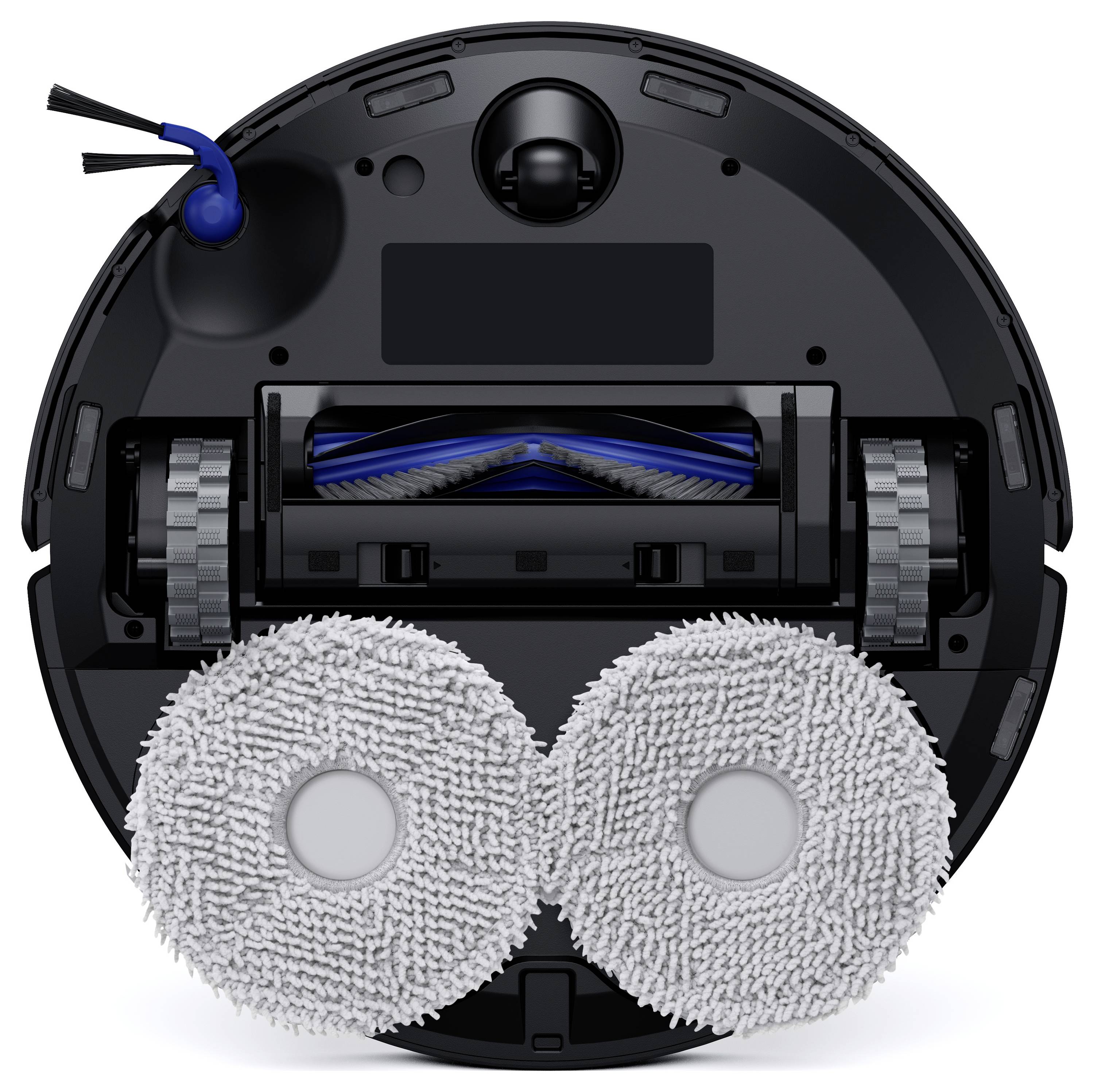 Unterseite eines Roboterstaubsaugers mit dualen rotierenden Wischtüchern, Seitenbürsten und innerer Walzenbürste.