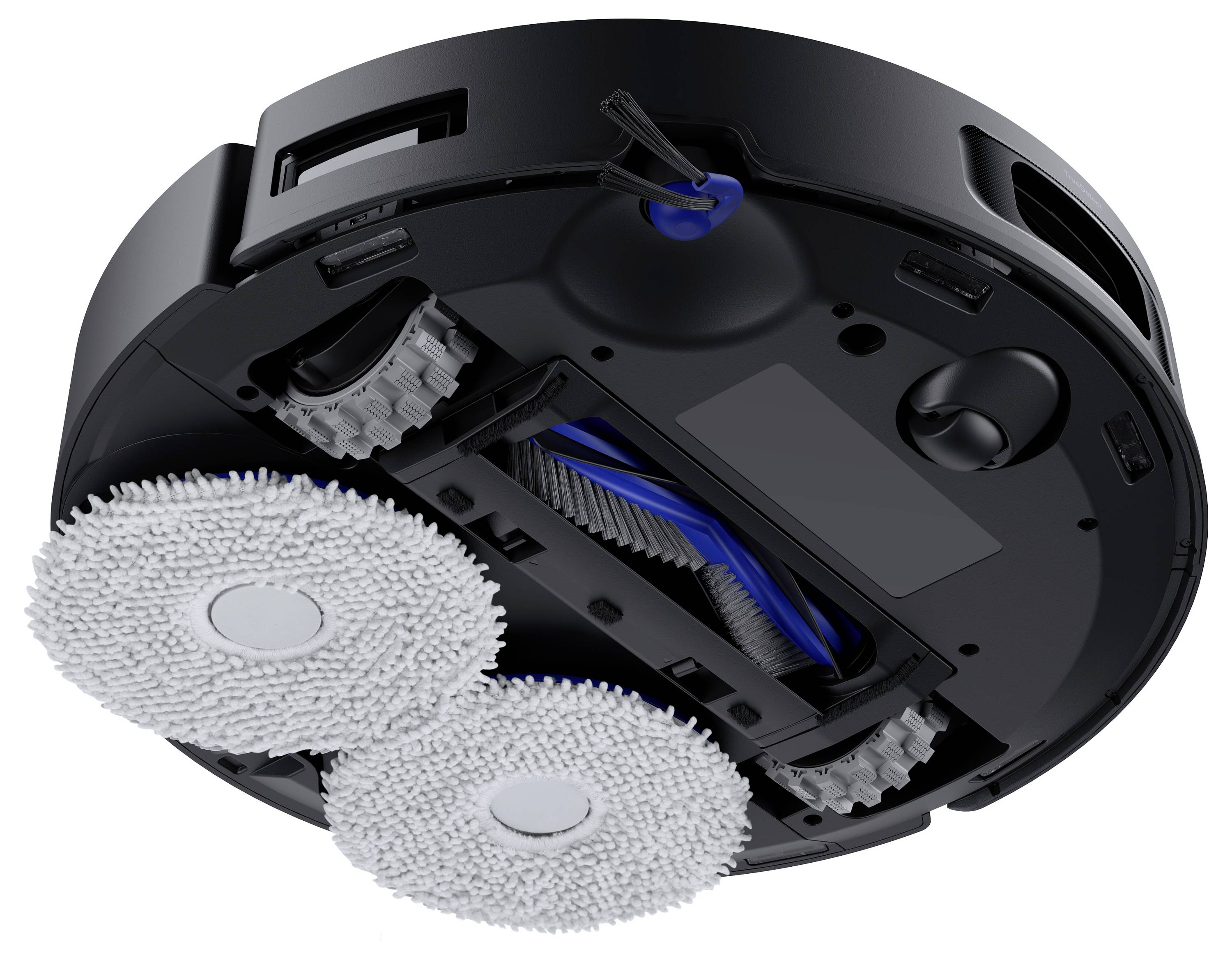 Unterseite eines Roboterstaubsaugers mit zwei rotierenden Mopppads, Seitenbürsten, Rädern und sichtbaren Sensoren.