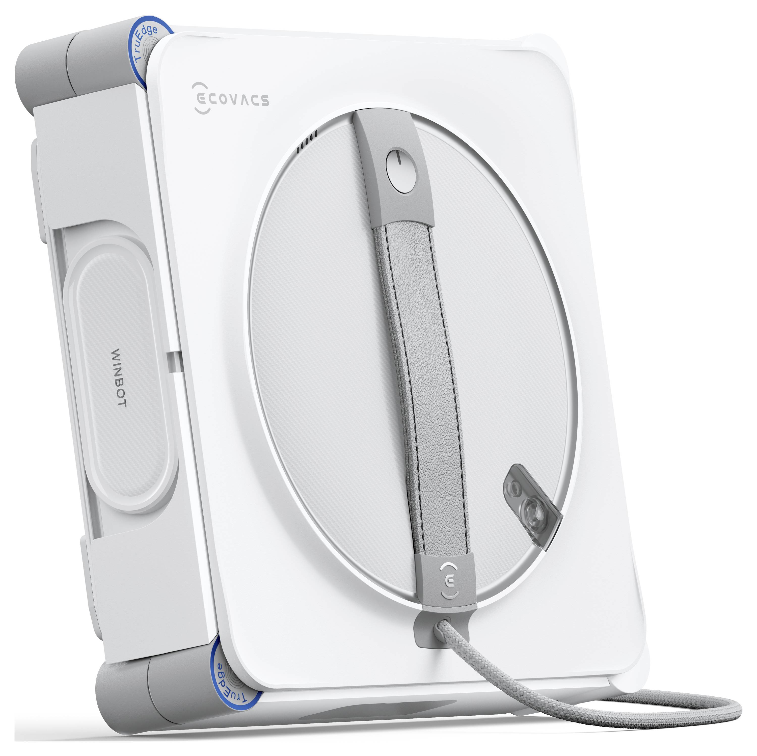 Weißer Ecovacs-Fensterputzroboter mit rundem Mittelteil und angebrachtem Stromkabel, in der Produktansicht gezeigt.